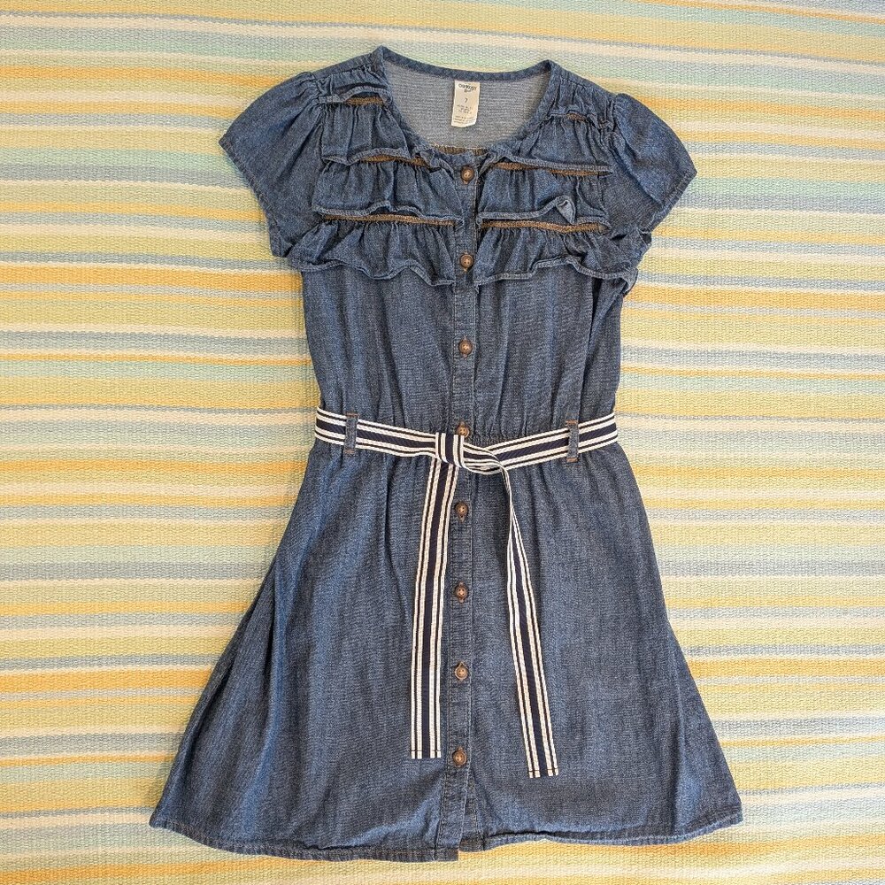 ⭐ Girl's OshKosh Bgosh Dark Chambray denim dress with striped belt size 7